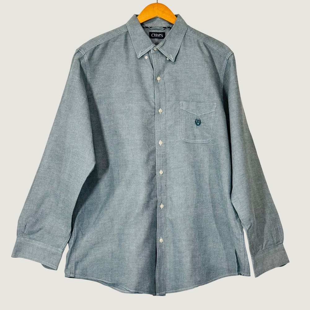 Chaps button down shirt Mens XL Blue Gray Oxford Crest Logo Long Sleeve Casual